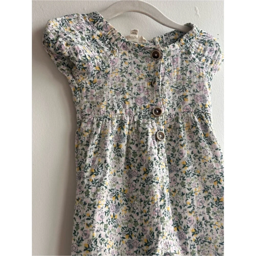 Cotton Floral Button-Front Baby Dress in White, Pink & Yellow